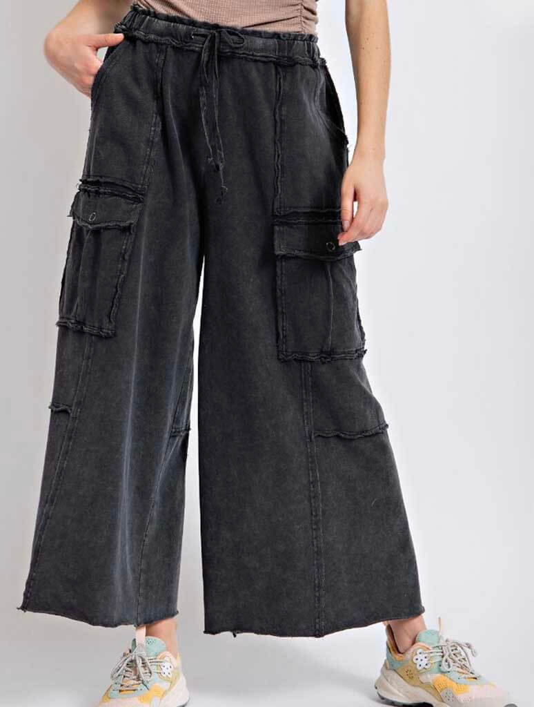 Mineral Washed Wide Leg Pants in Black