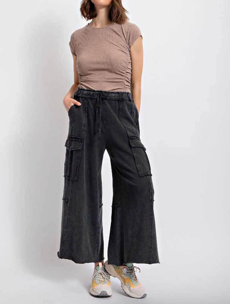 Mineral Washed Wide Leg Pants in Black