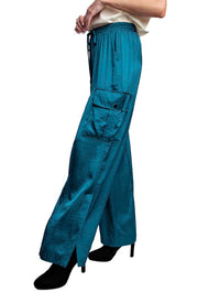 Washed Satin Cargo Pants in Teal