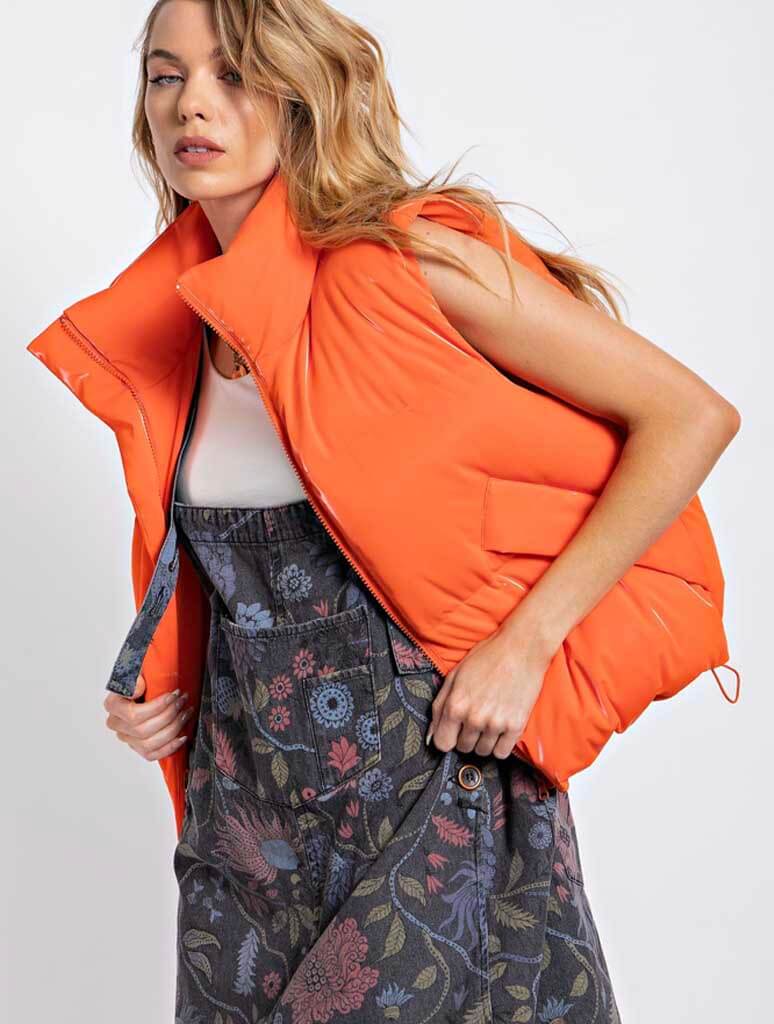 Shiny Faux Vinyl Puffer Vest in Orange