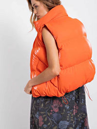 Shiny Faux Vinyl Puffer Vest in Orange