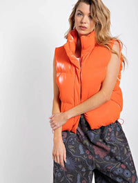 Shiny Faux Vinyl Puffer Vest in Orange