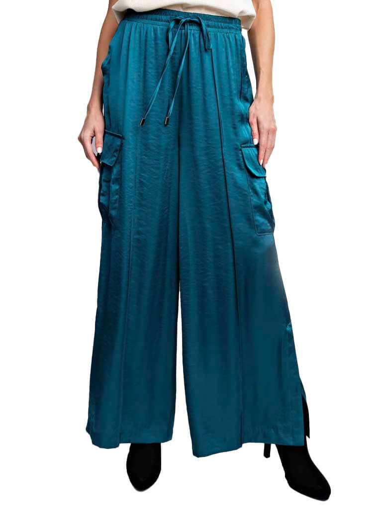 Washed Satin Cargo Pants in Teal