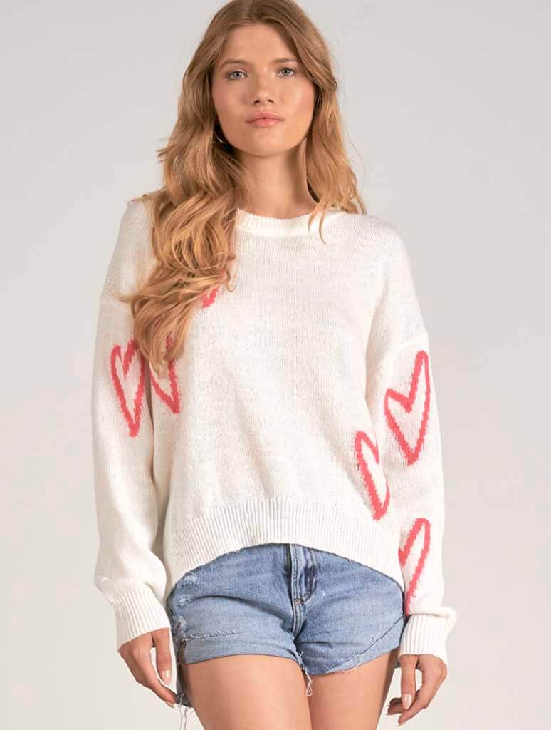 Crewneck Heart Sweater in Off White/Pink