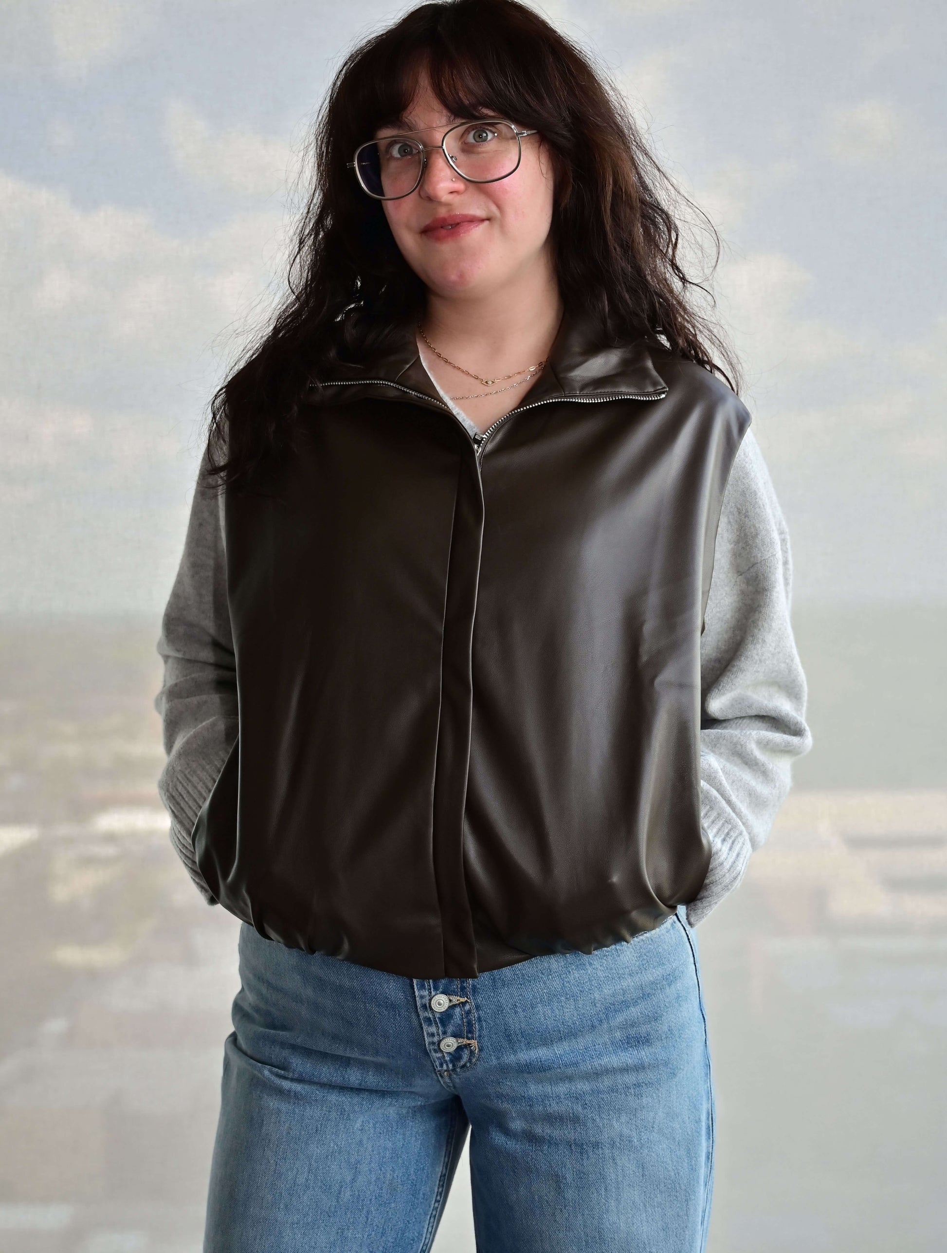 Faux-Leather Bubble Hem Zip-Up Vest