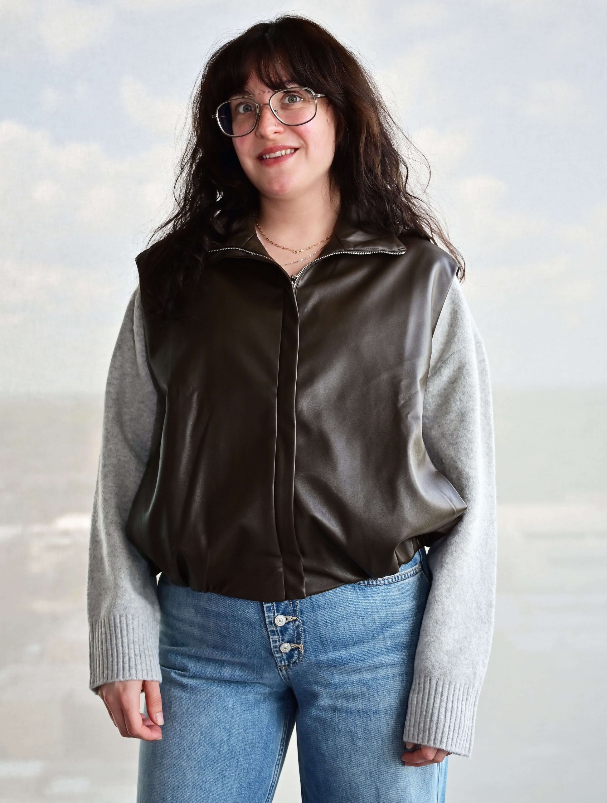 Faux-Leather Bubble Hem Zip-Up Vest