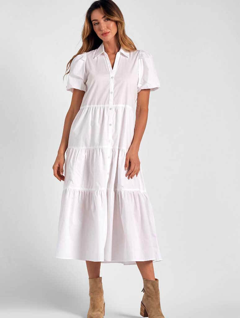 Tiered Midi Shirt Dress in White