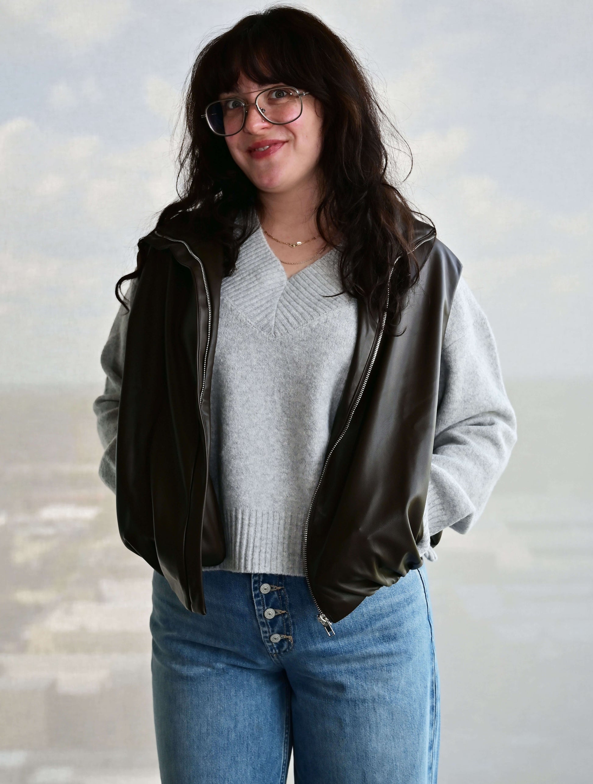 Faux-Leather Bubble Hem Zip-Up Vest