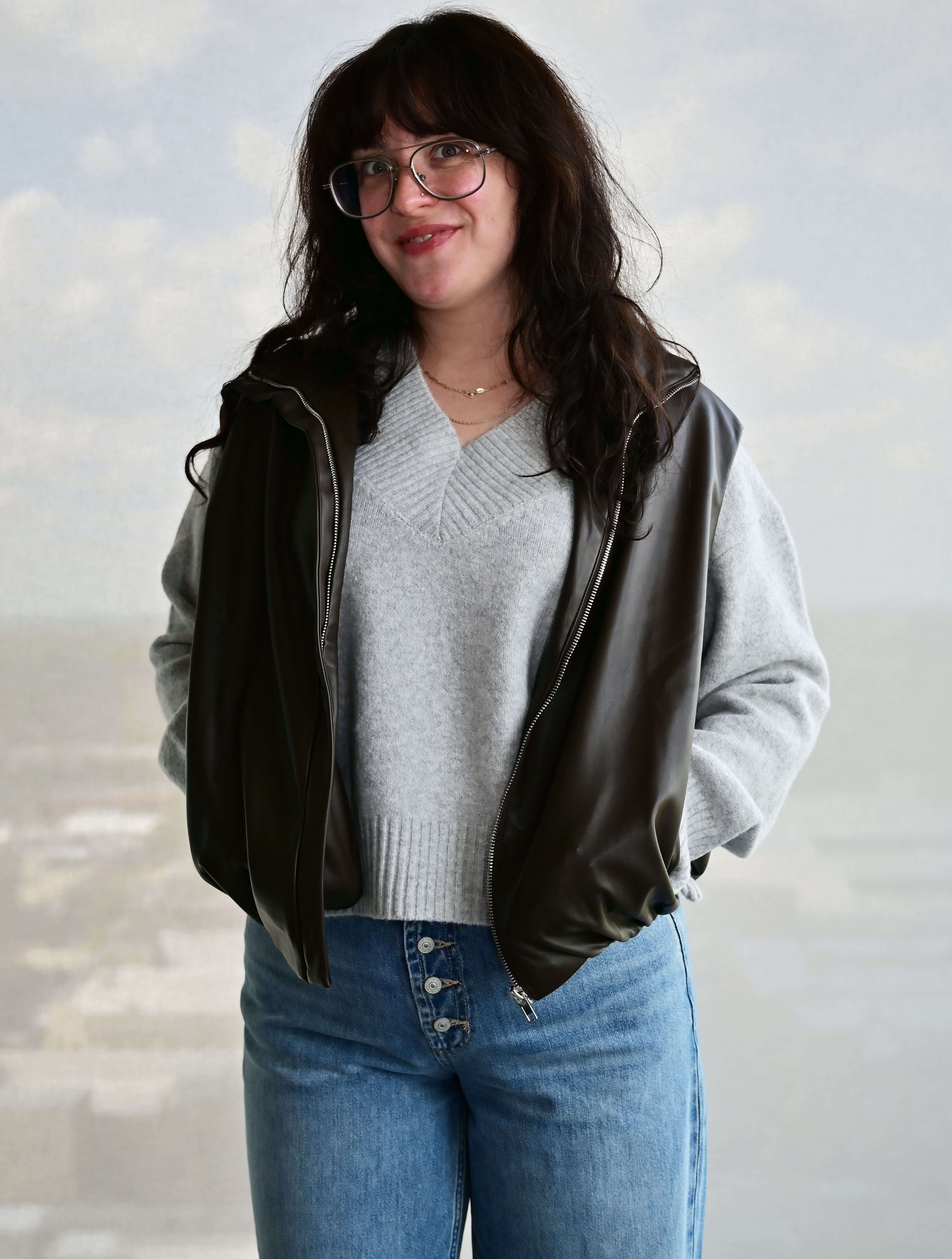Faux-Leather Bubble Hem Zip-Up Vest