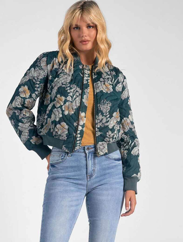 Quilted Bomber Jacket in Green Floral