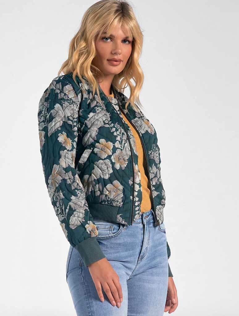 Quilted Bomber Jacket in Green Floral