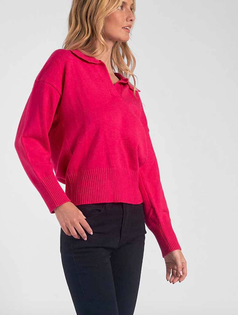 Collared V-Neck Sweater in Fuchsia