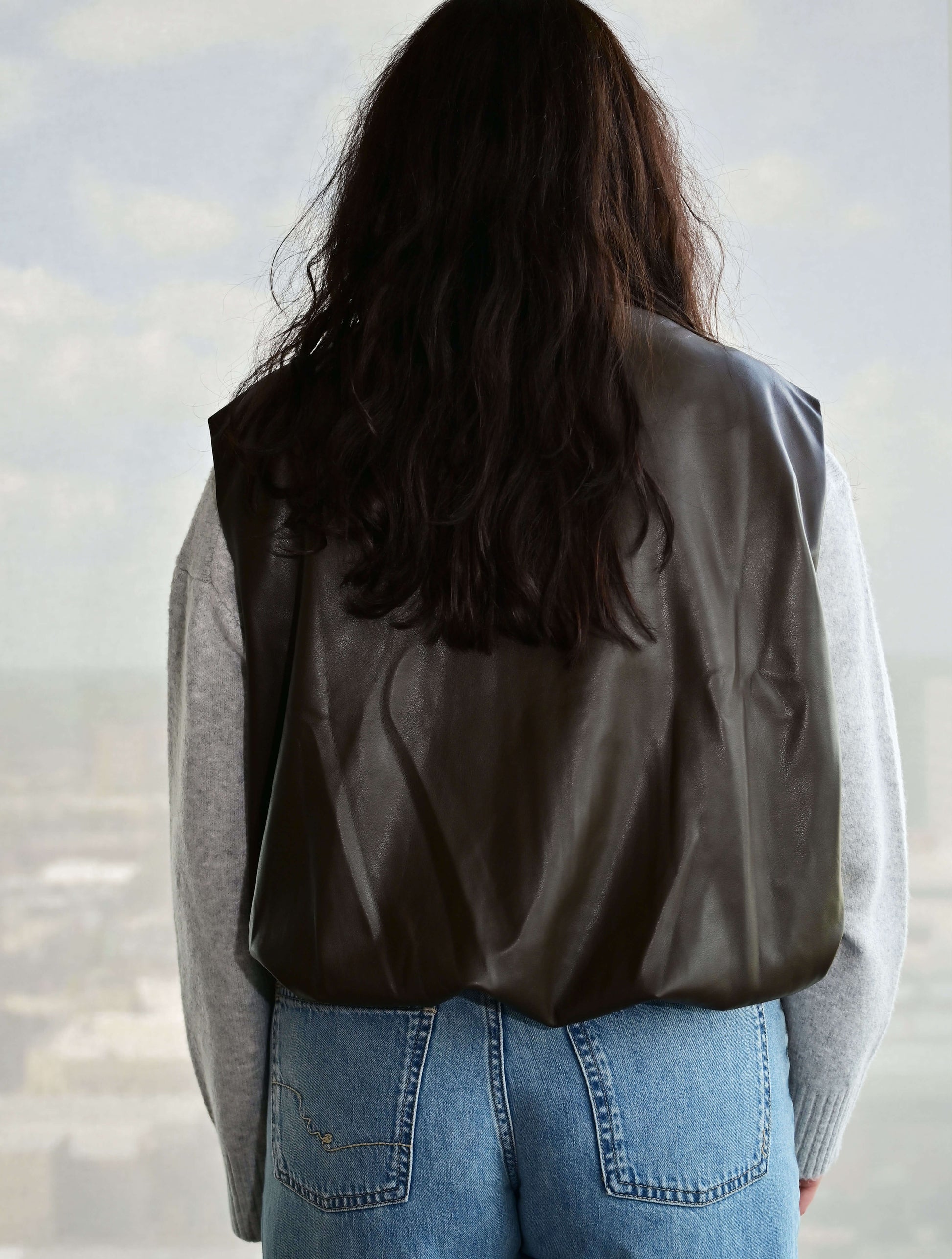 Faux-Leather Bubble Hem Zip-Up Vest