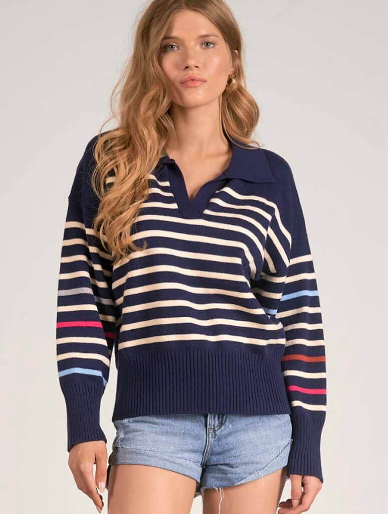 Striped Collared V-Neck Sweater in Navy
