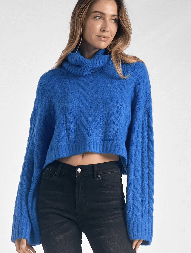 Turtleneck Cable Knit Sweater in Indigo