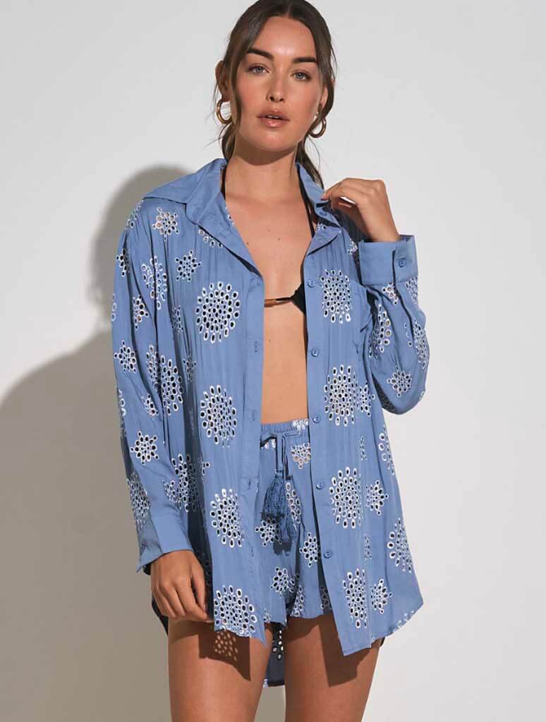 Cover Up Button Down Top in Blue