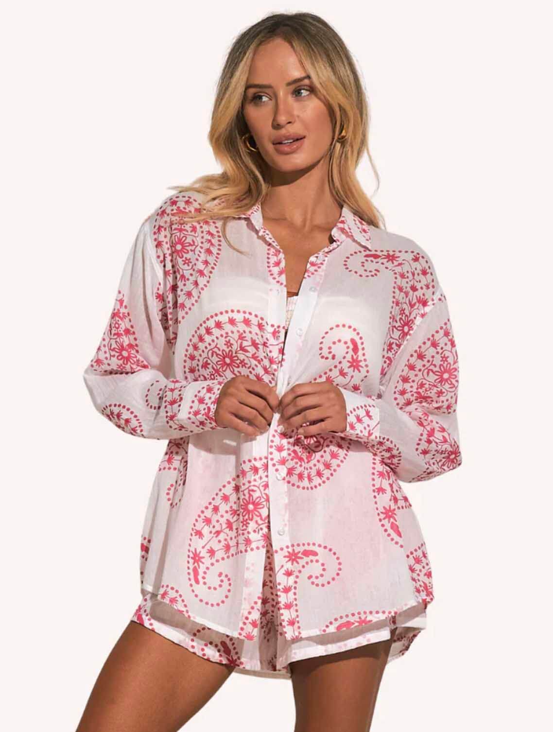 Button Down Top in White Pink Paisley