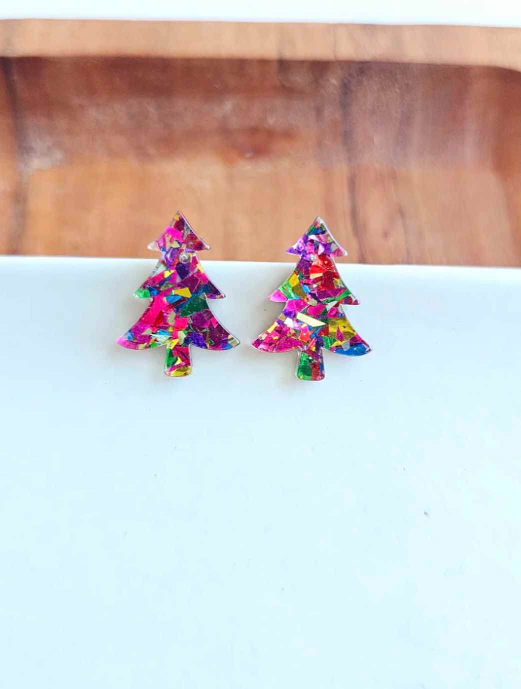 Christmas Tree Studs in Pink Sparkle