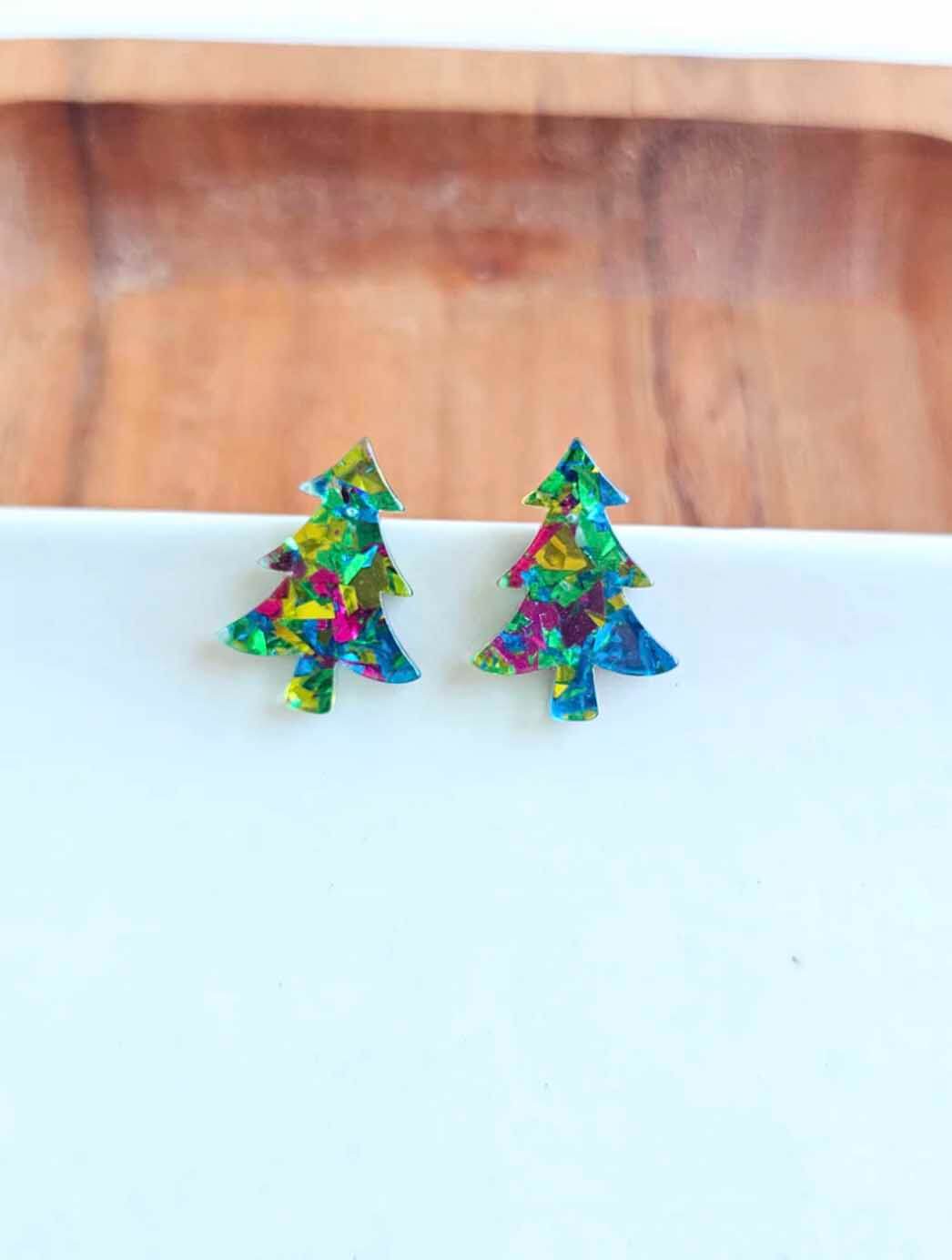 Christmas Tree Studs in Green Sparkle