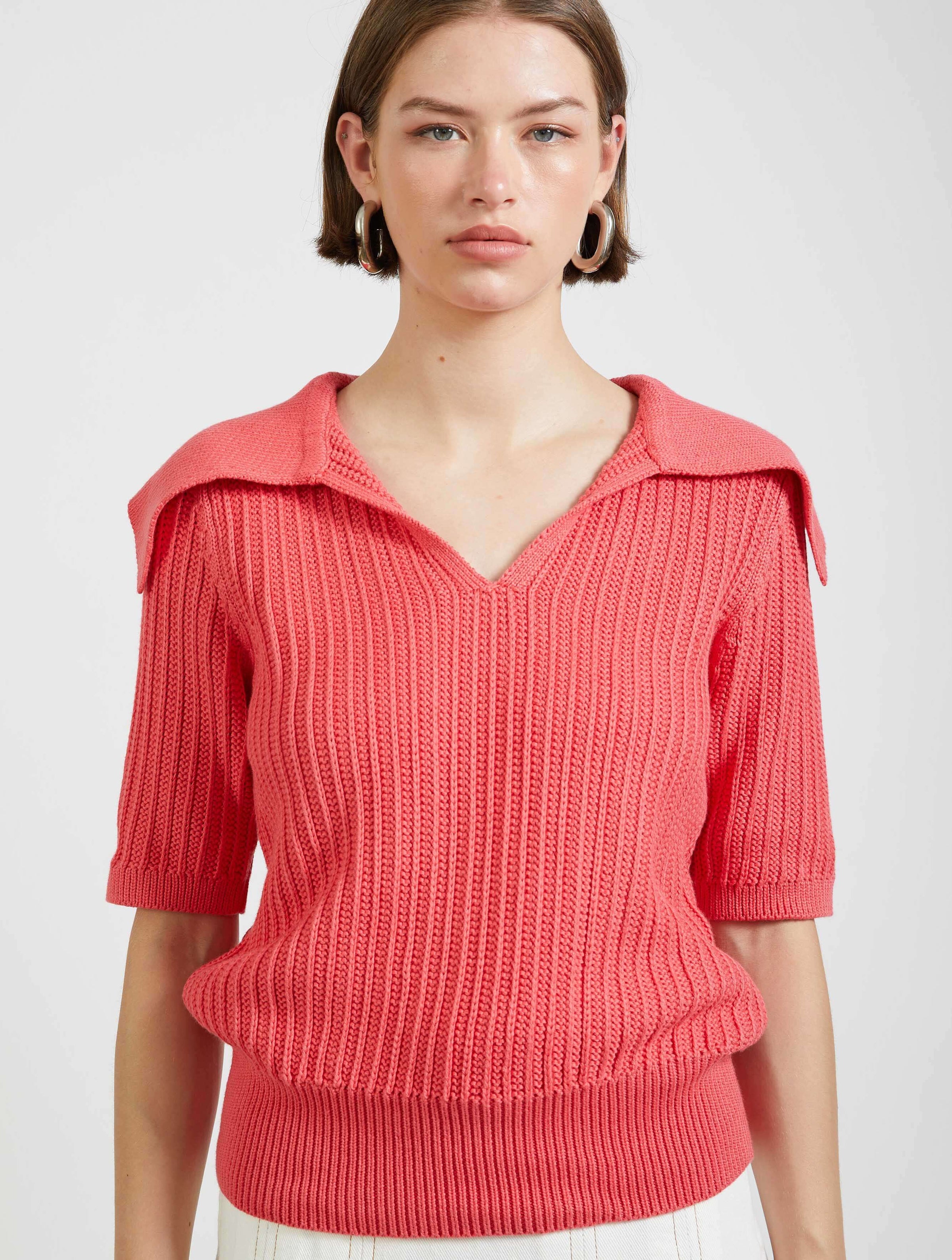 Collared Knit Top in Coral Pink