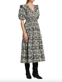 Printed Cotton Eyelet Midi Dress in Teal Black
