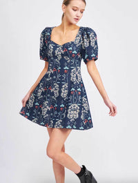 Floral Denim Flared Mini Dress in Blue