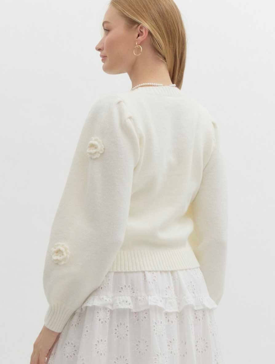 Puff Sleeve Sweater with 3D Flowers