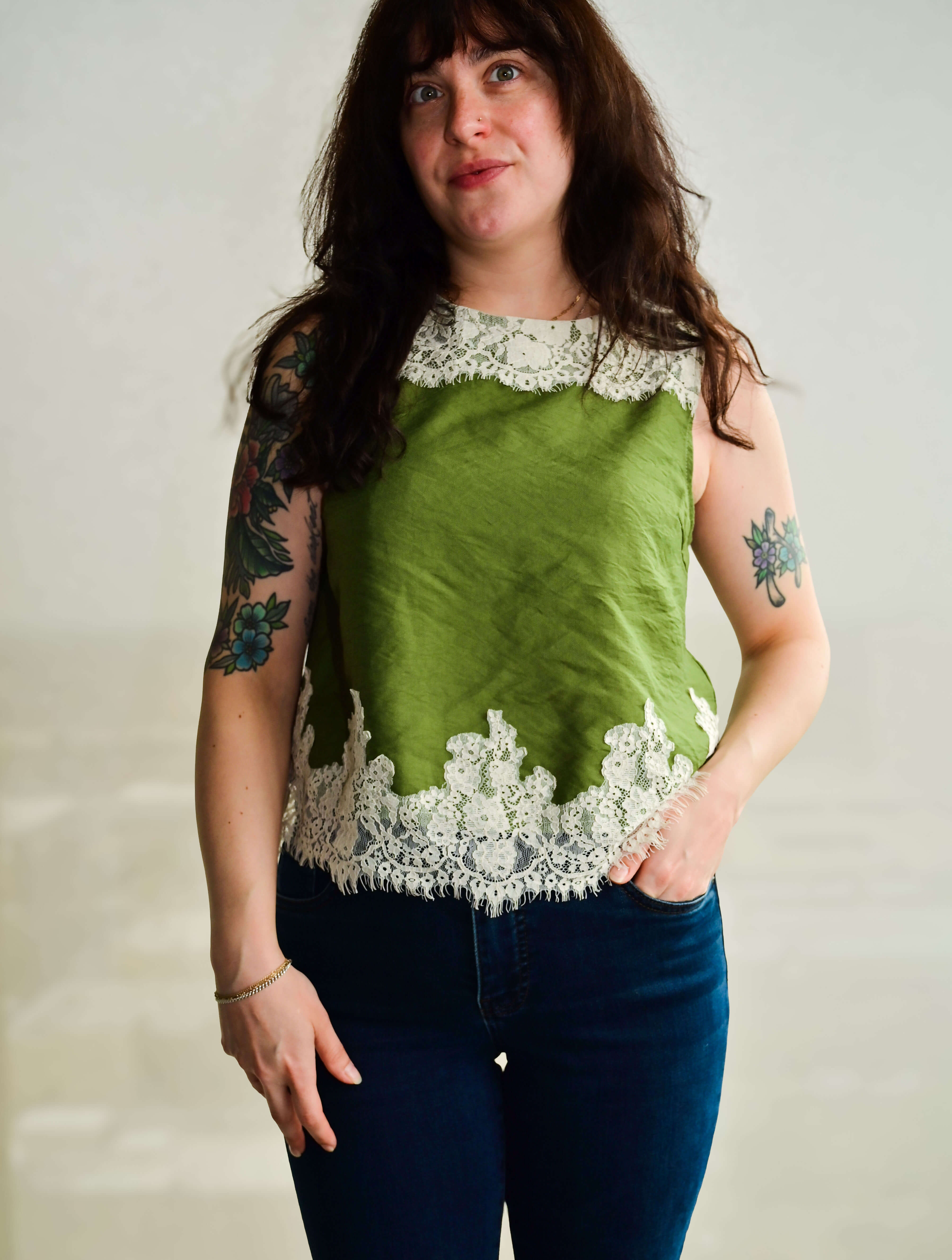 Round Neck Sleeveless Top with Lace Trim