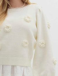 Puff Sleeve Sweater with 3D Flowers