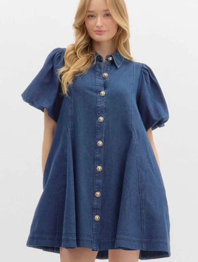 Denim Bubble Sleeve Swing Mini Dress with Gold Buttons