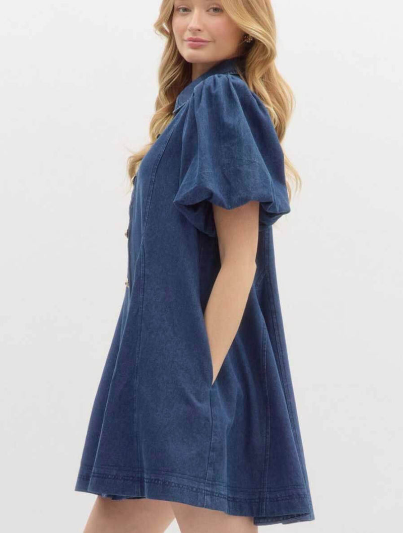 Denim Bubble Sleeve Swing Mini Dress with Gold Buttons