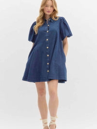 Denim Bubble Sleeve Swing Mini Dress with Gold Buttons