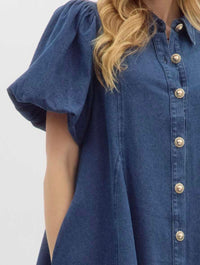 Denim Bubble Sleeve Swing Mini Dress with Gold Buttons