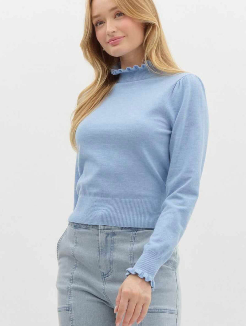 Solid Mock Neck Frill Edge Long Sleeve Sweater Knit Top