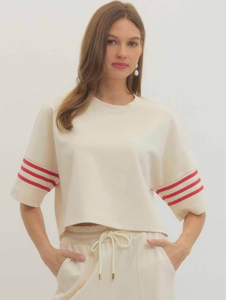 Solid Crew Neck Tee with Contrast Stripe Sleeve Detail