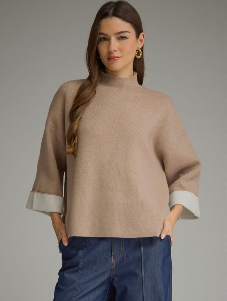 Mock Neck Sweater with Contrast Cuffs