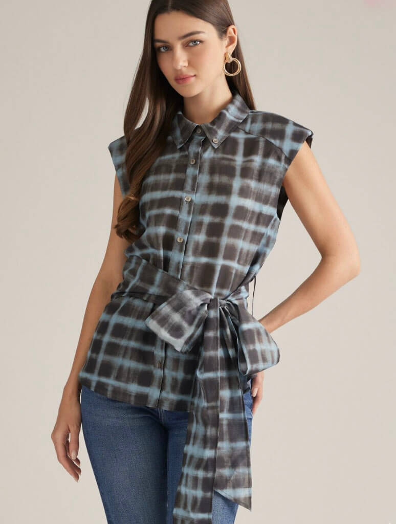 Plaid Cap Sleeve Top with Tie Waist