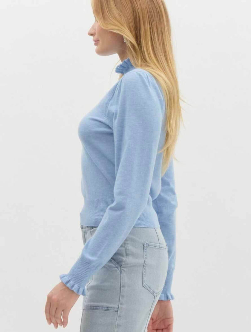 Solid Mock Neck Frill Edge Long Sleeve Sweater Knit Top