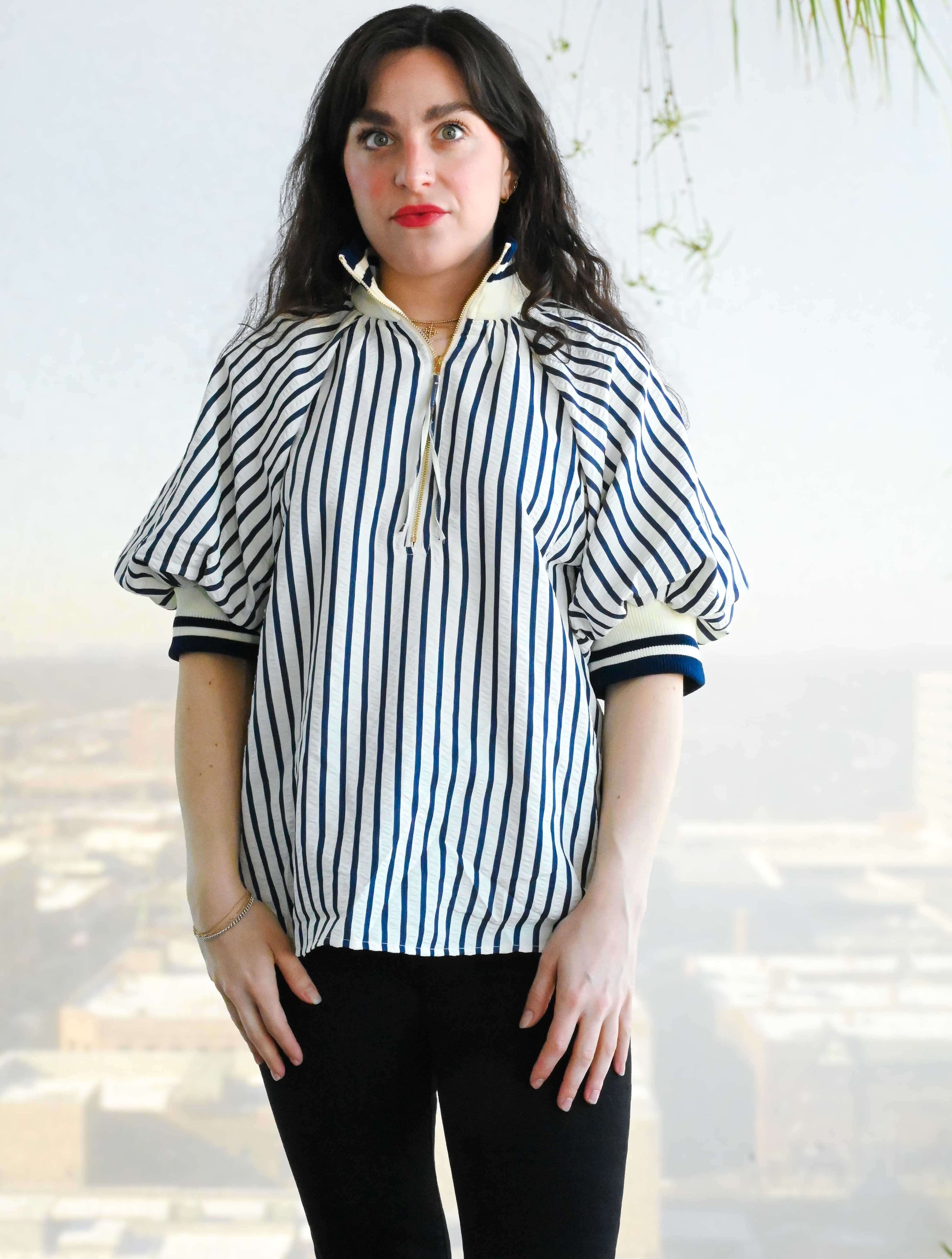 Stripe Puff Sleeve Top with Zipper