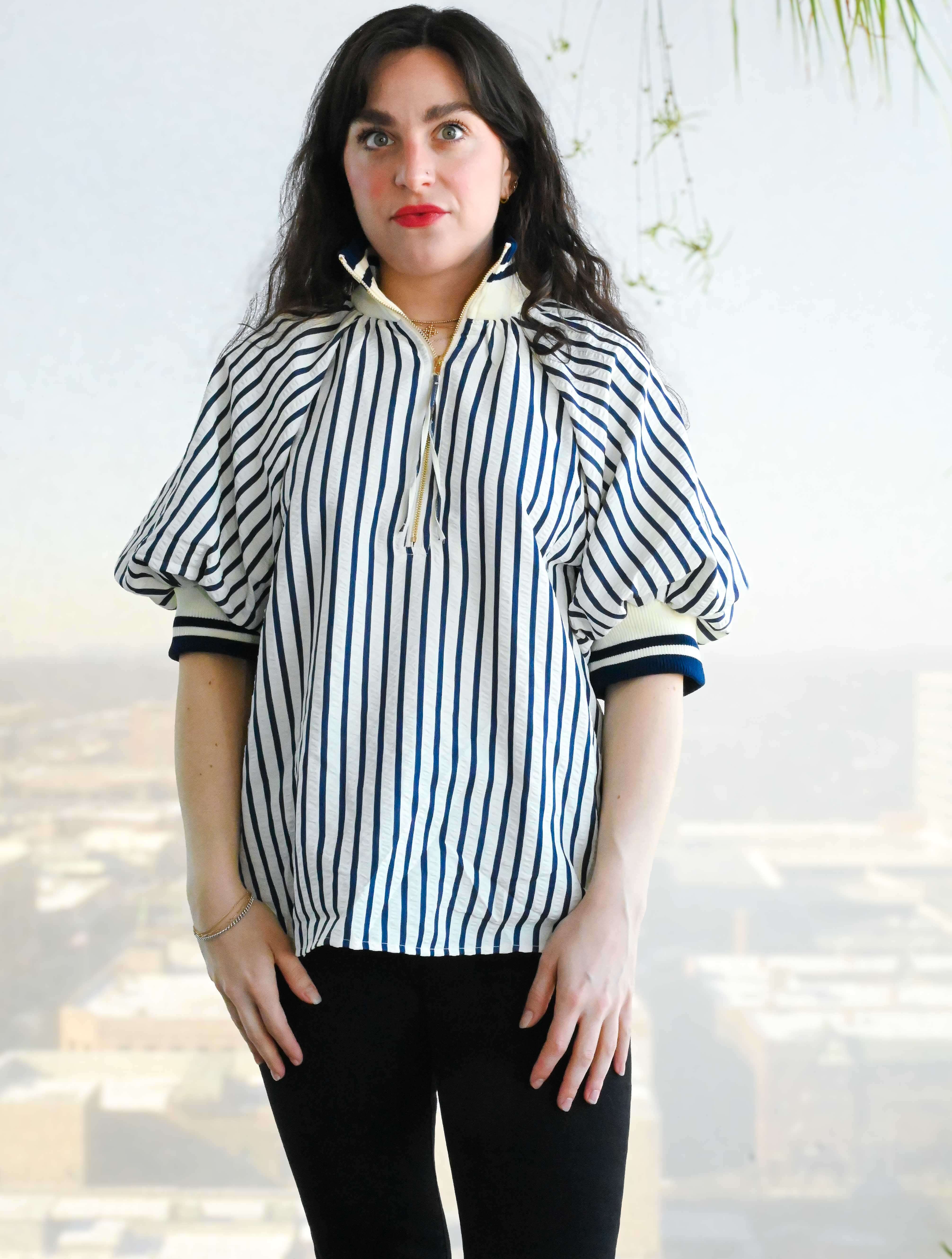 Stripe Puff Sleeve Top with Zipper