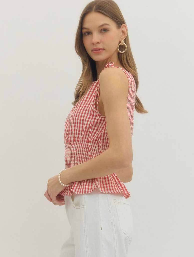 Gingham Sleeveless Tie Strap Top