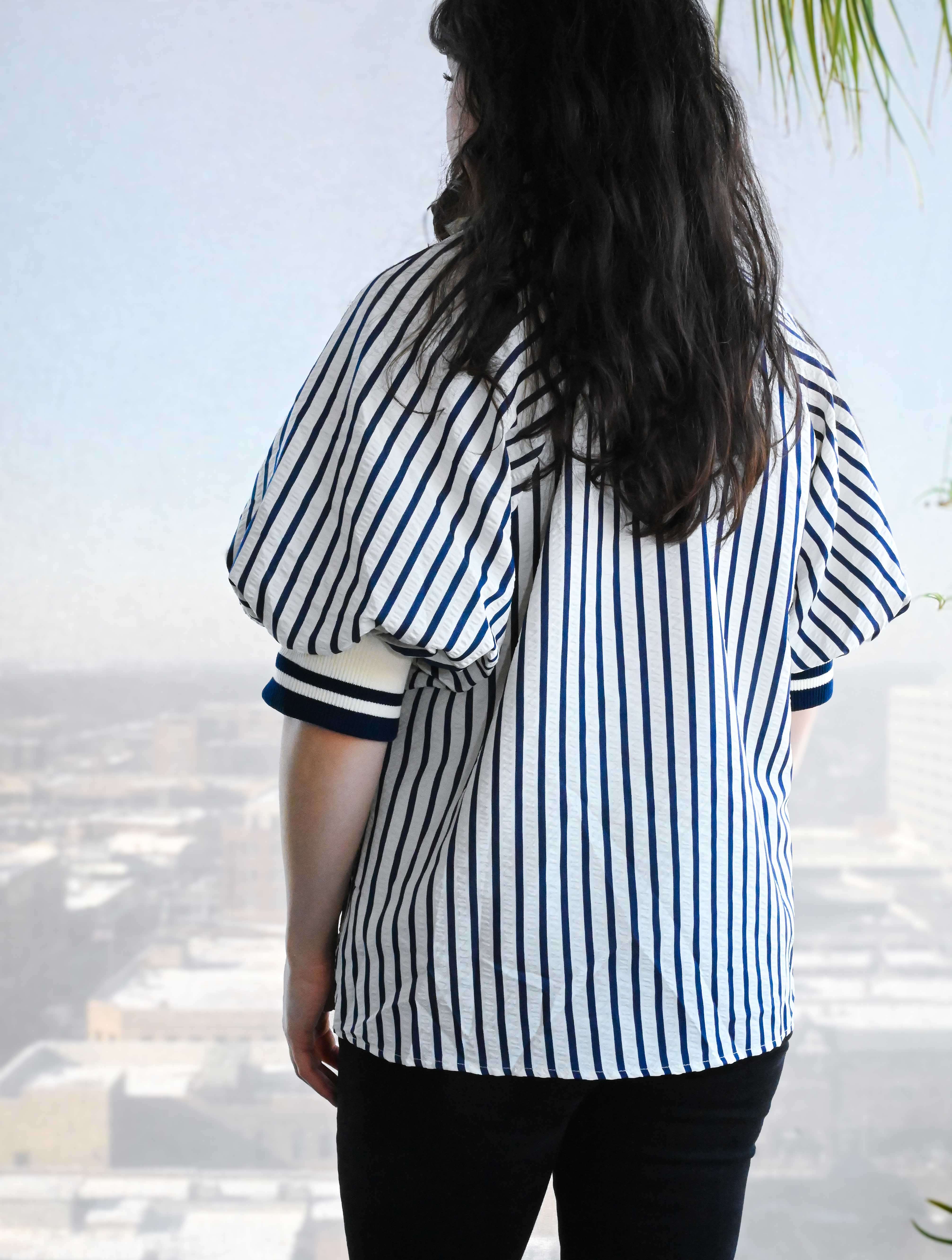 Stripe Puff Sleeve Top with Zipper