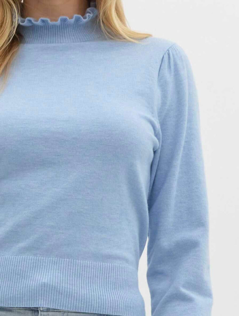 Solid Mock Neck Frill Edge Long Sleeve Sweater Knit Top