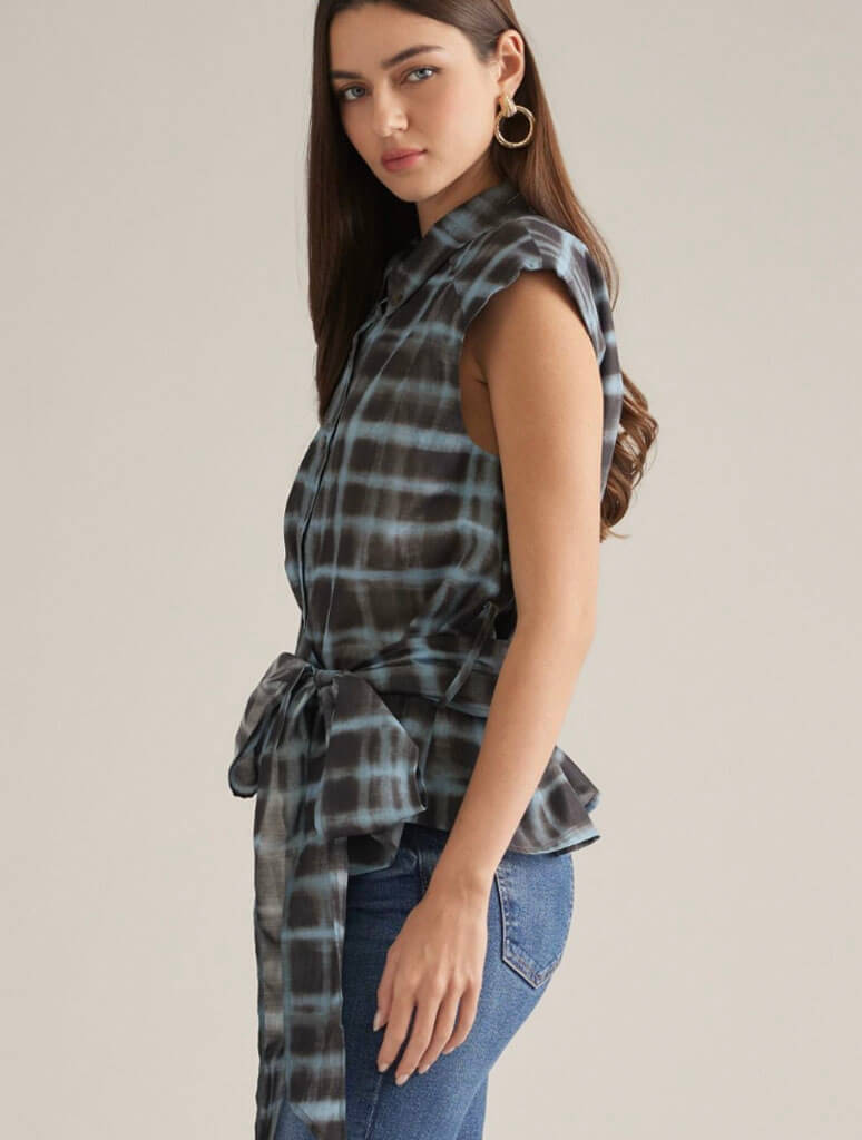 Plaid Cap Sleeve Top with Tie Waist