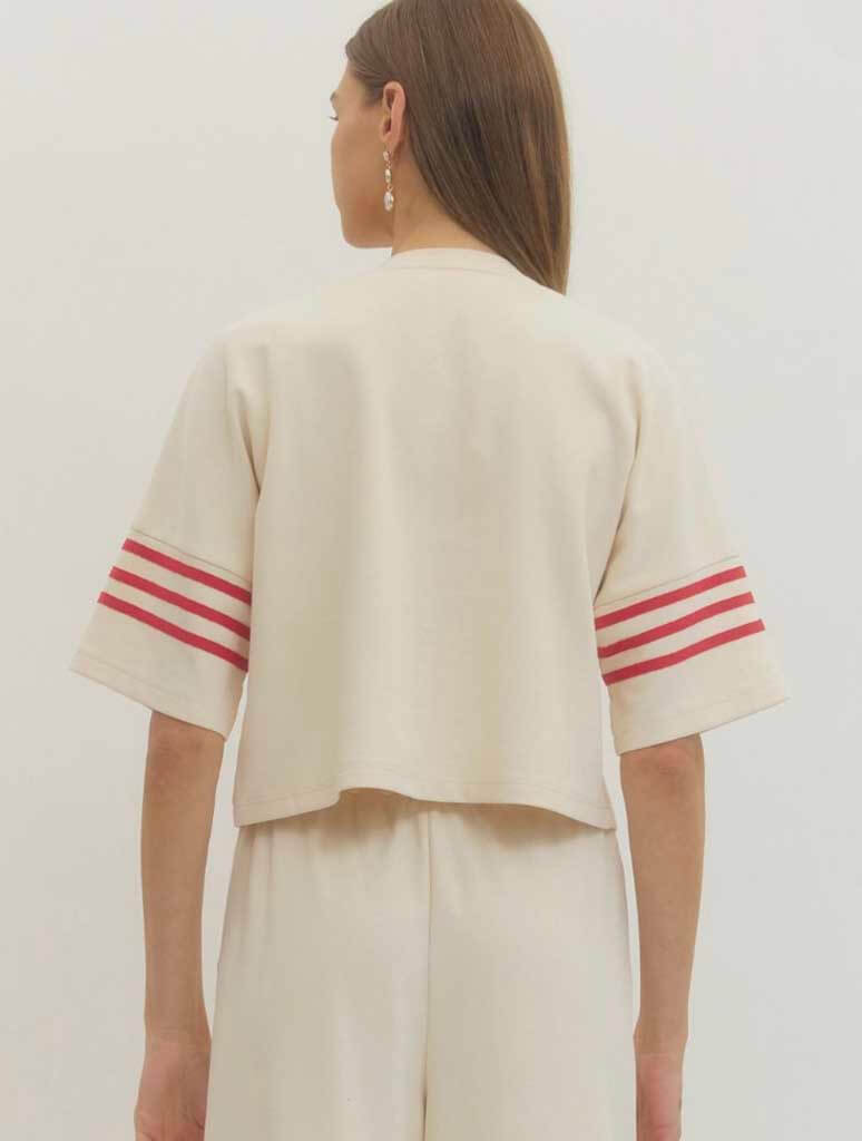 Solid Crew Neck Tee with Contrast Stripe Sleeve Detail