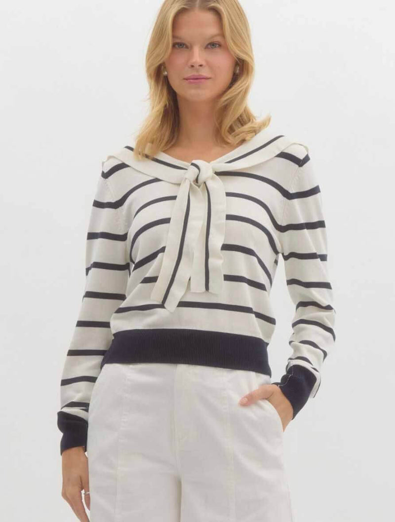 Striped Sweater Featuring Front Knot Sailor Collar