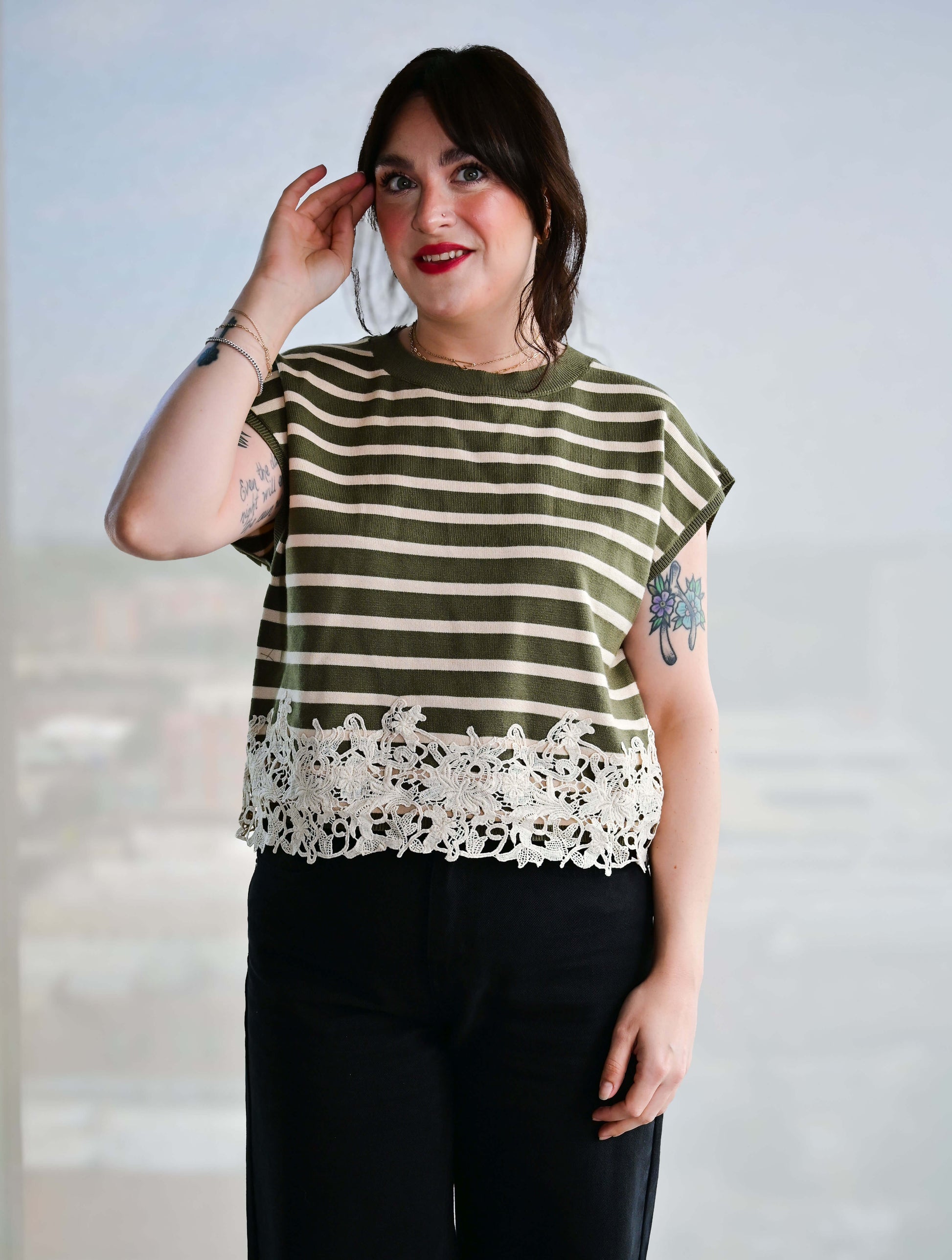 Striped Top With Lace Trim