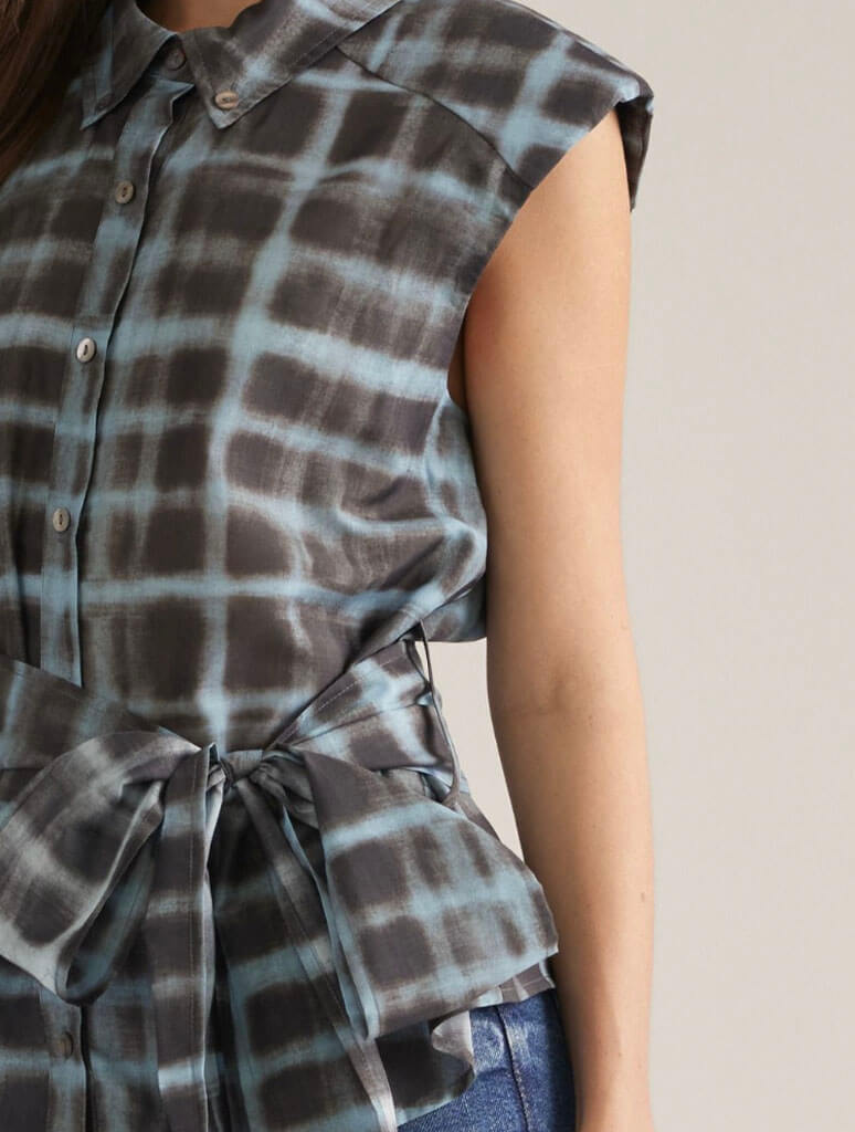 Plaid Cap Sleeve Top with Tie Waist