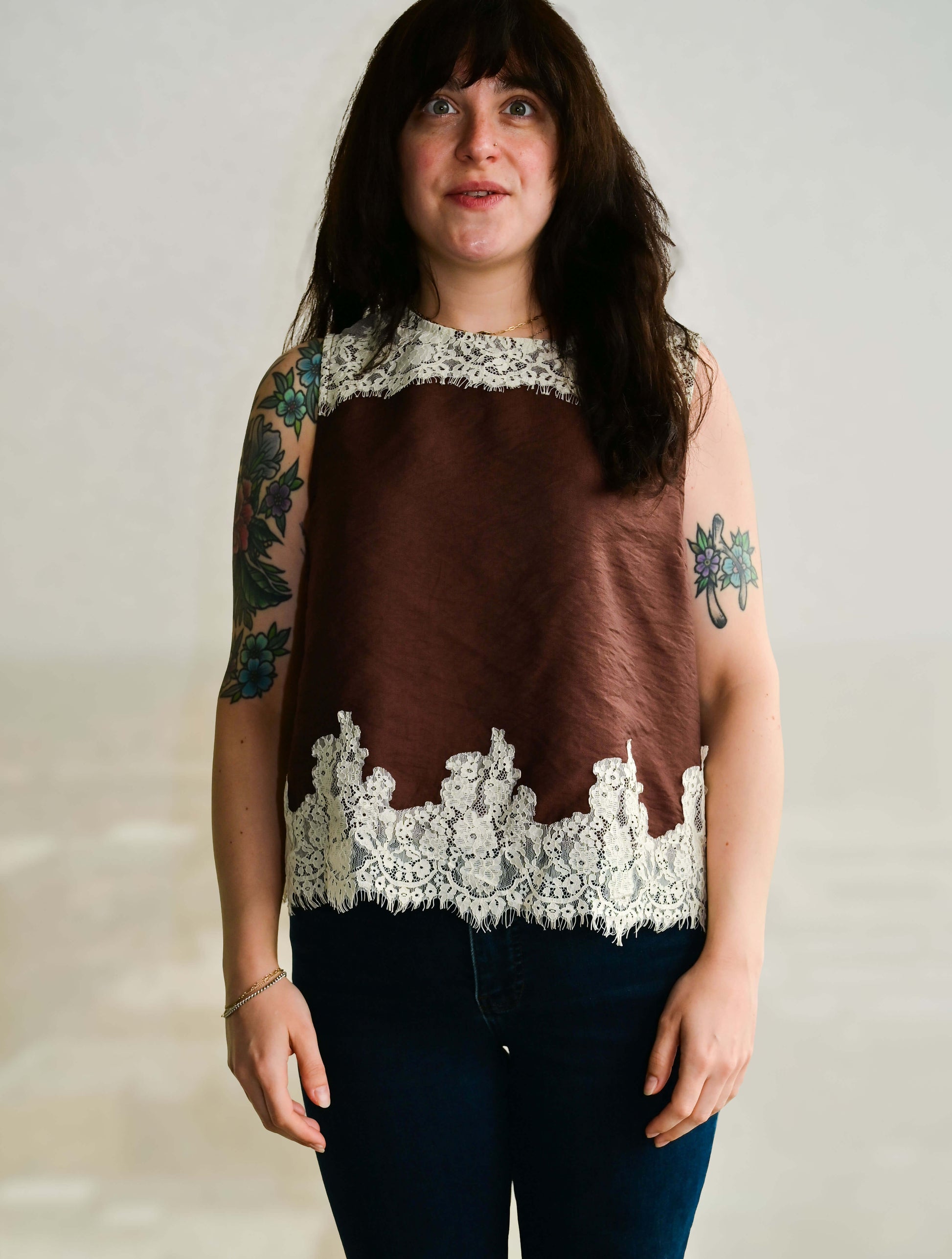Round Neck Sleeveless Top with Lace Trim