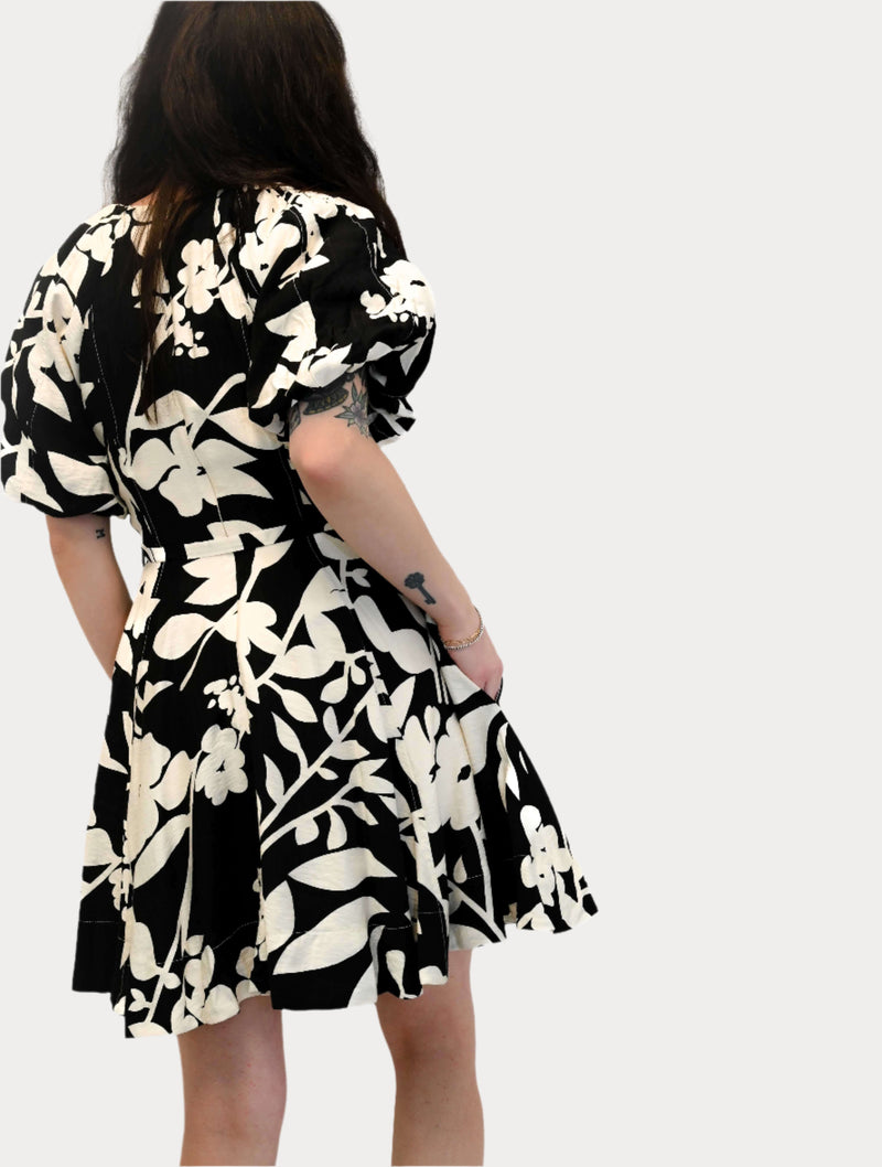 Puff Sleeve Floral Seamed Dress